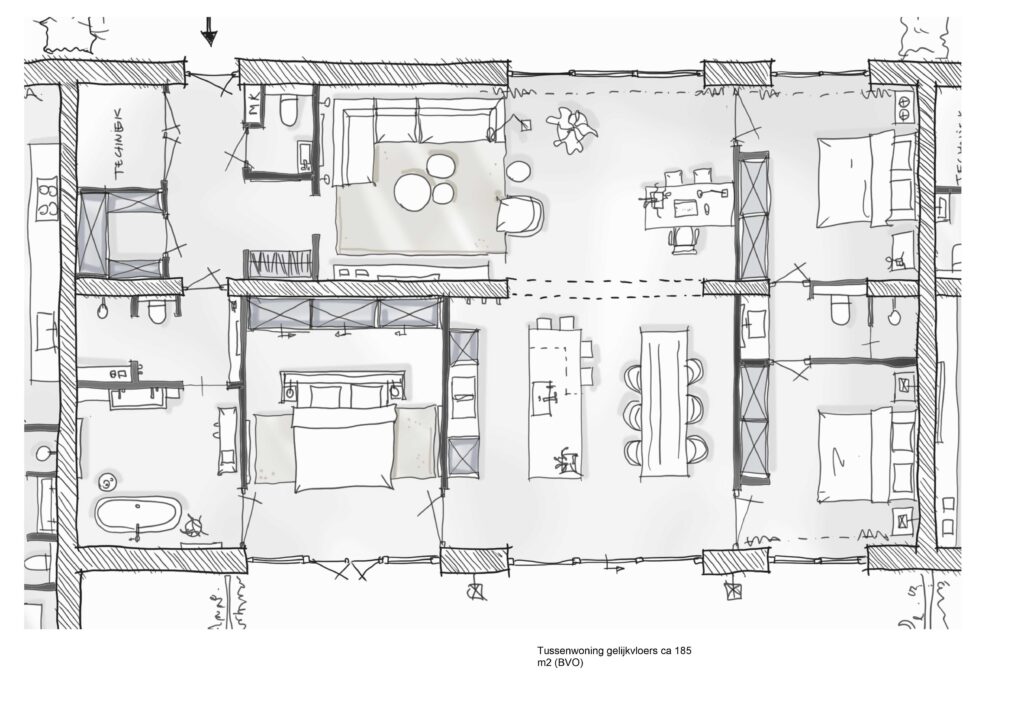 Binnen een kader van een bepaald aantal m² wordt samen met de bewoner een plattegrond op maat uitgewerkt